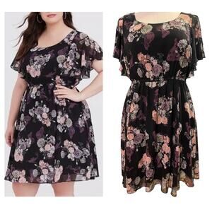 Torrid Plus Size 3 Disney Princess Black Chiffon Floral Mini Skater Party Dress